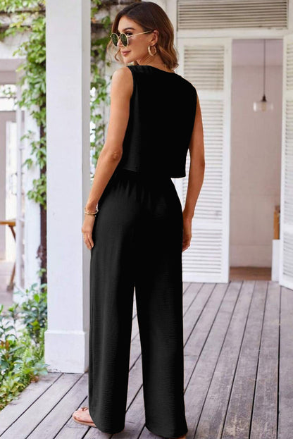 Goat Buttoned Vest Drawstring Wide Leg Pants 2pcs Set