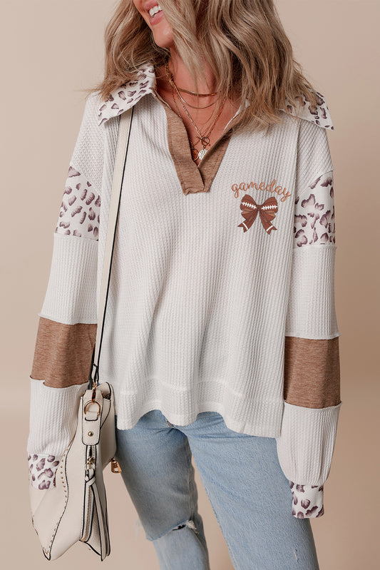 White game day Bow Embroidered Leopard Patchwork Collared Top