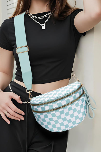 Mist Blue Checkered Print Wide Strap Large Crossbody Bag