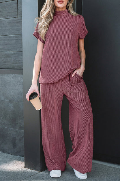 Burgundy Twisted Ribbed High Neck Loose Tee Elastic High Waist Loose Pant Set