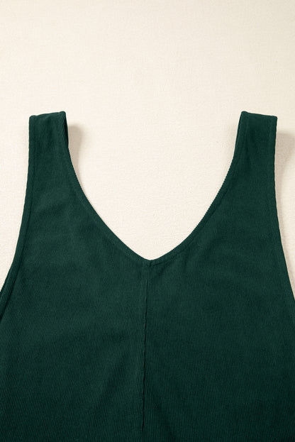 Evergreen Corduroy V Neck Patched Pocket Sleeveless Jumpsuit