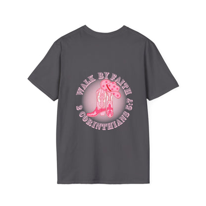 walk by faith cowgirl boot christian shirt (front and back)
