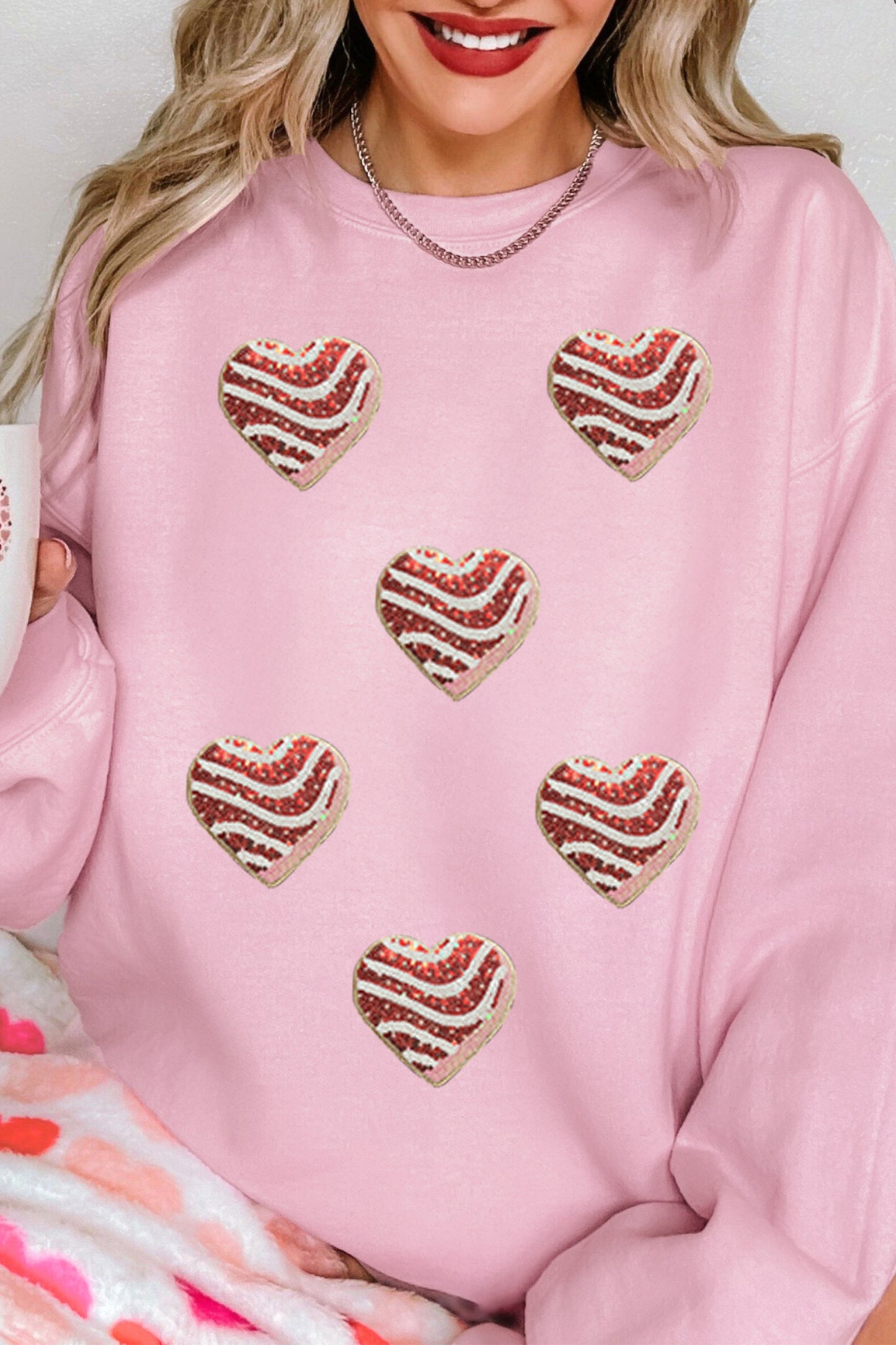 Pink Sequined Valentine Heart Print Round Neck Sweatshirt