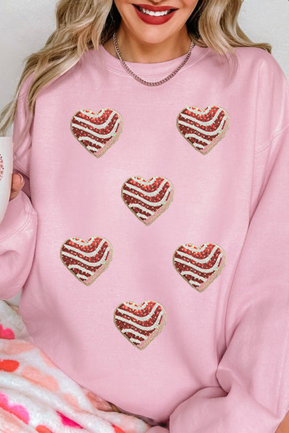 Pink Sequined Valentine Heart Print Round Neck Sweatshirt