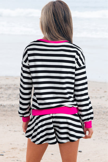 Black Stripe Contrast Ribbed Banding Long Sleeve Blouse Loose Shorts Set