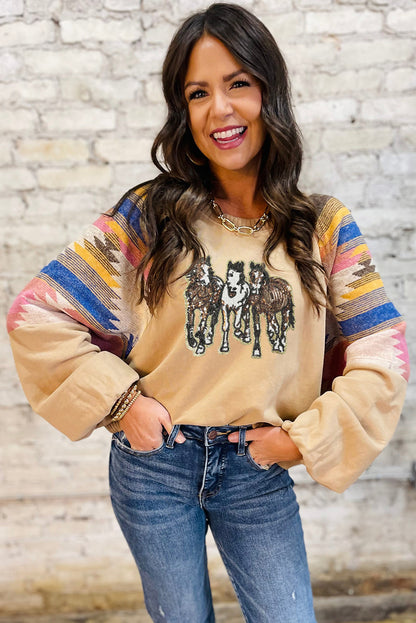 Light French Beige Horses Sequins Patch Graphic Fashion Sweatshirt