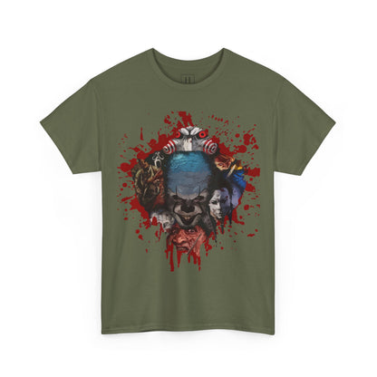 Halloween; Classic Horror Characters with Pennywise and Blood Splatter -- Unisex