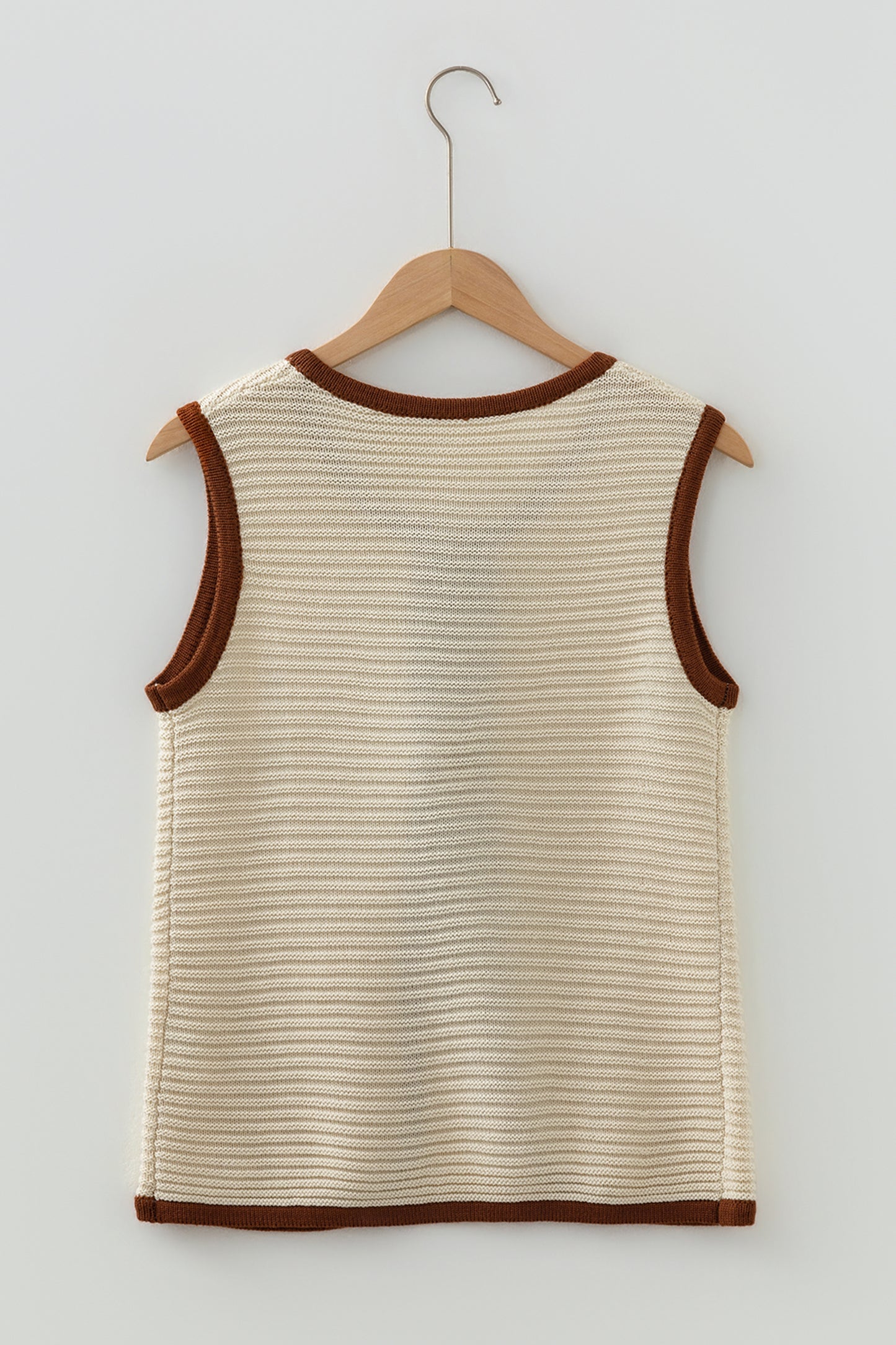 White Horizontal Ribbed Knit Contrast Trim Ties Front Sweater Vest