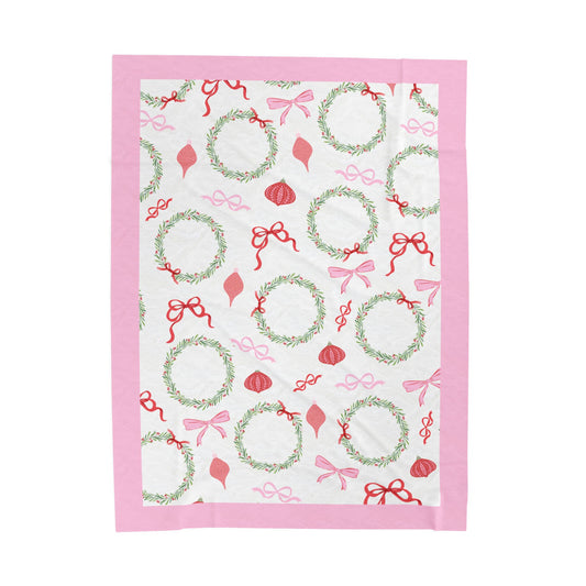 Pink Bows and Christmas Wreaths; Plush Christmas Blanket