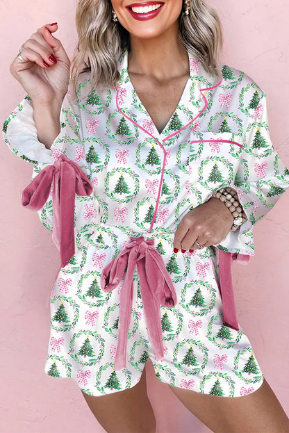 Green Christmas Fashion Print Velvet Trim Bow Knot Pajama 2pcs Short Set