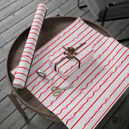 Pink Bows & Red Stripes Wrapping Paper — Coquette Gift Wrap