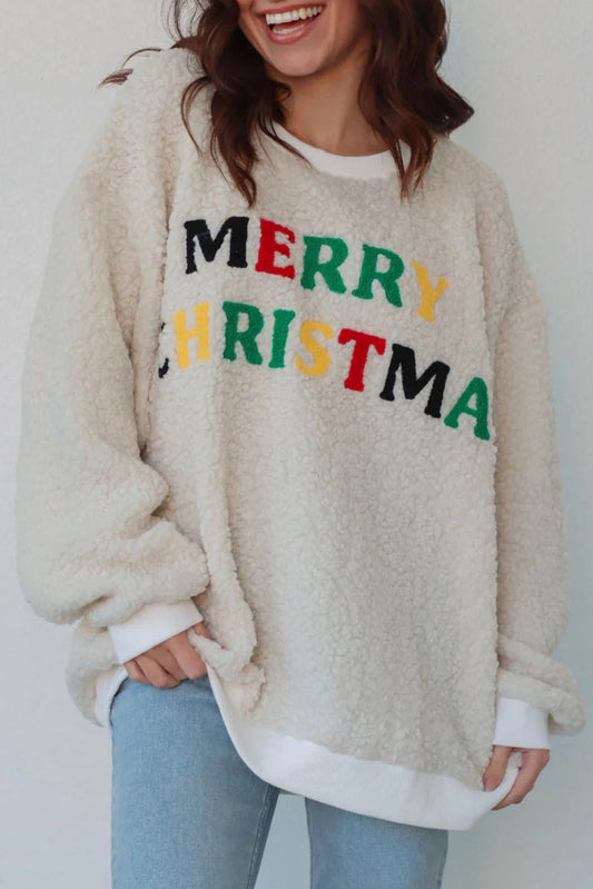 White MERRY CHRISTMAS Multicolor Embroidered Sherpa Pullover Sweatshirt