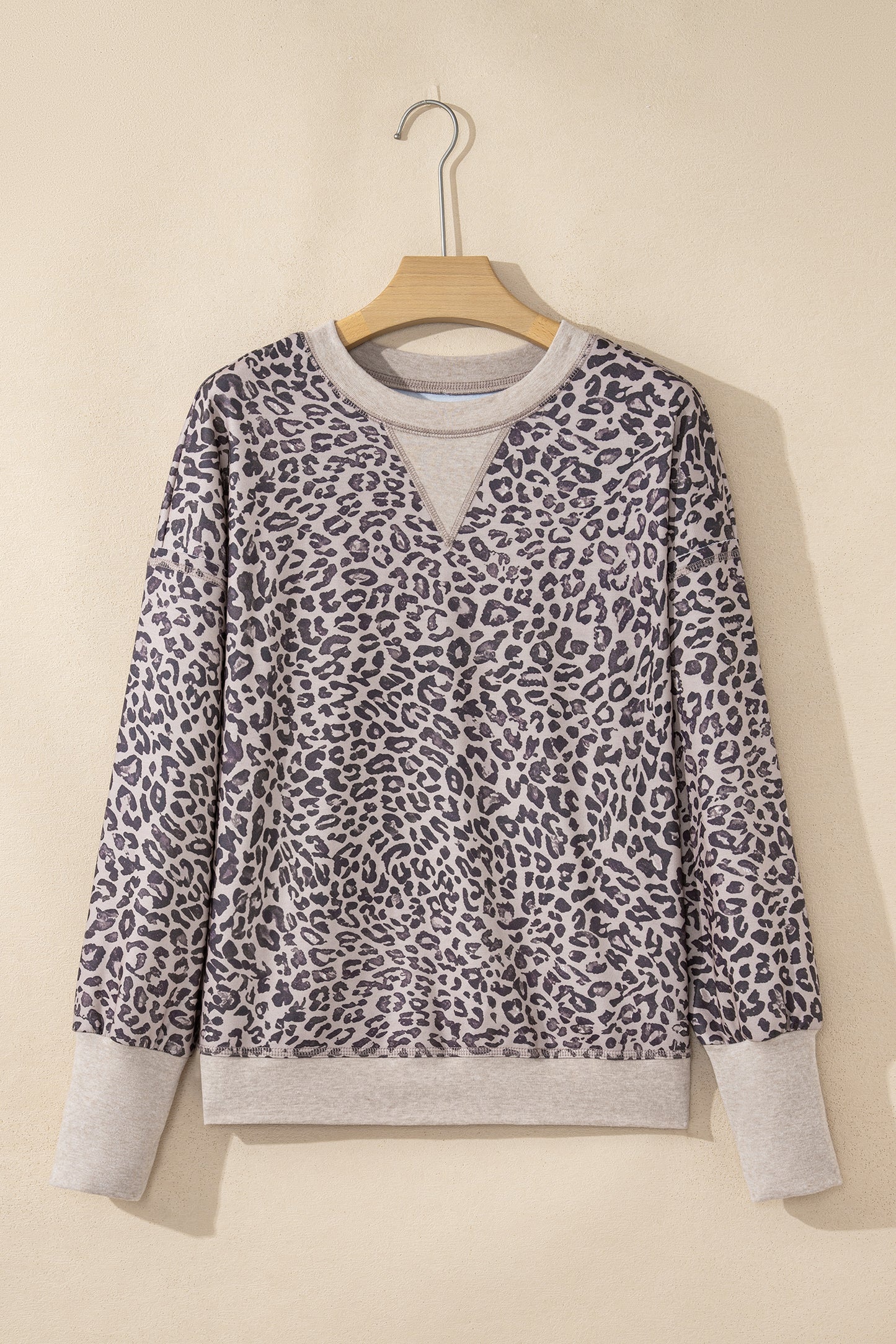 Khaki Leopard Print Patchwork Crew Neck Sweatshirt