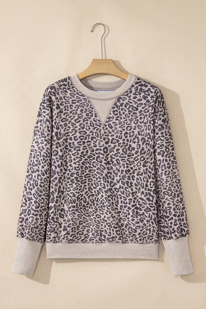 Khaki Leopard Print Patchwork Crew Neck Sweatshirt