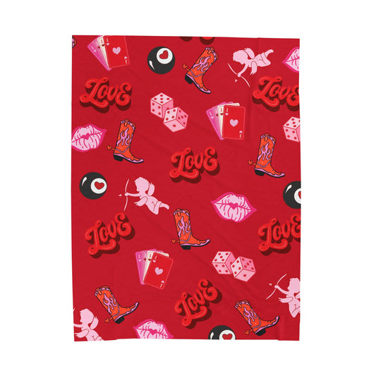 Valentine's Cowgirl Love Plush Blanket — Cupid, Cards & 8-Ball Design