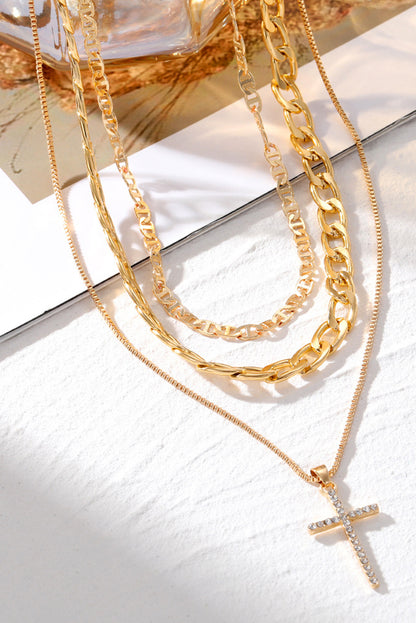 Gold Plated Cross Pendant Multi Layer Stacked Chain Necklace