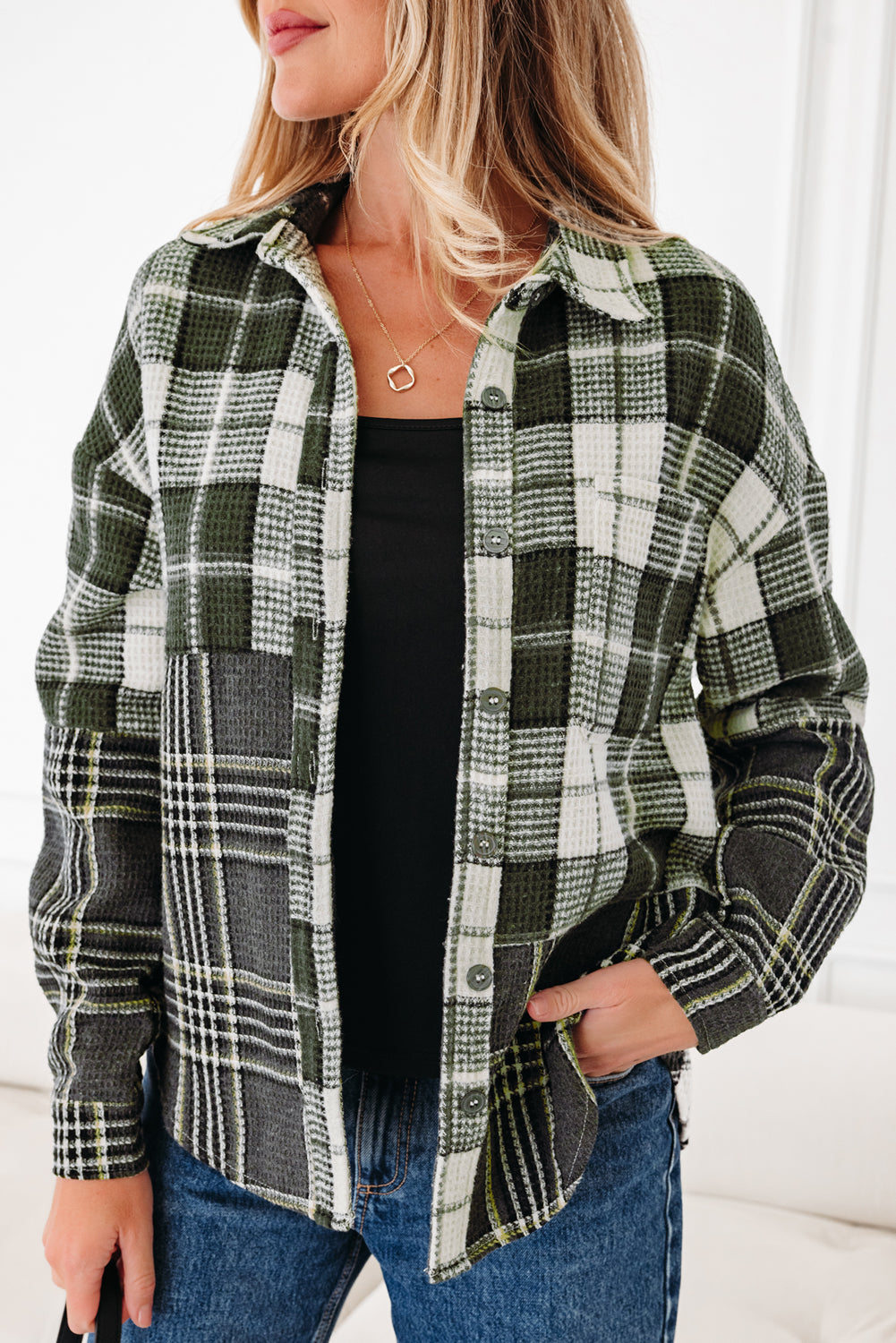 Black Plaid Print Textured Knit Buttoned Shacket