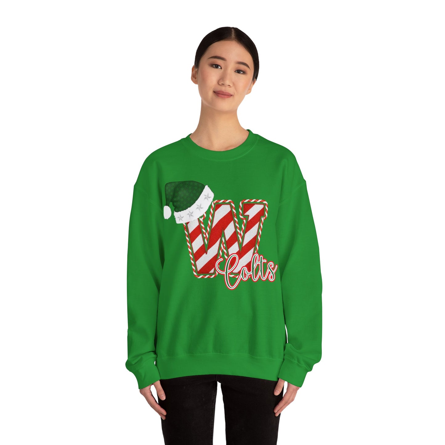 Candy Cane "W" with Green Santa Hat; Colts - Christmas Sweatshirt - Unisex