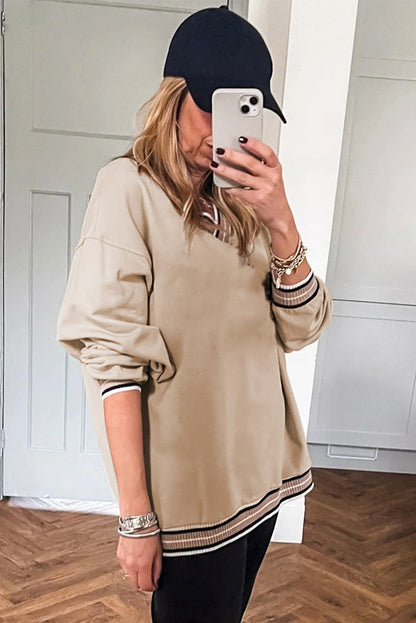 Parchment Varsity Contrast Trim V Neck Sweatshirt
