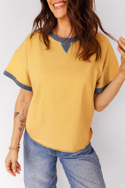 Banana Cream Contrast Trim Raw Hemline Short Sleeve Loose Top