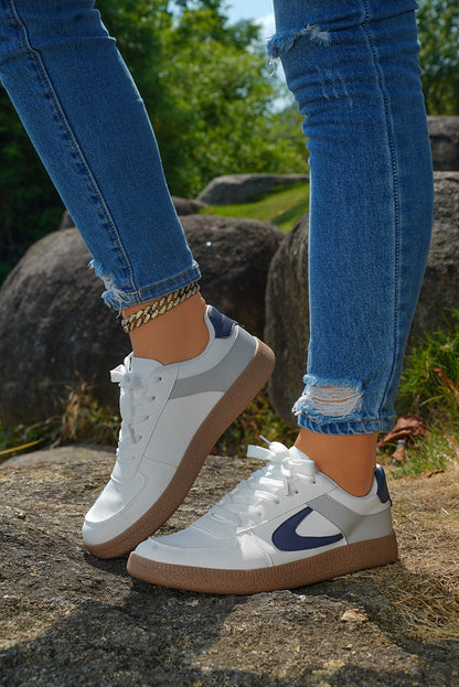 Navy Blue PU Leather Lace Up Sneakers
