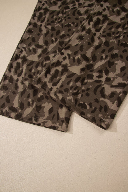 Brown Leopard Print Raw Seam Patchwork Pullover Drawstring Loose Pant Set