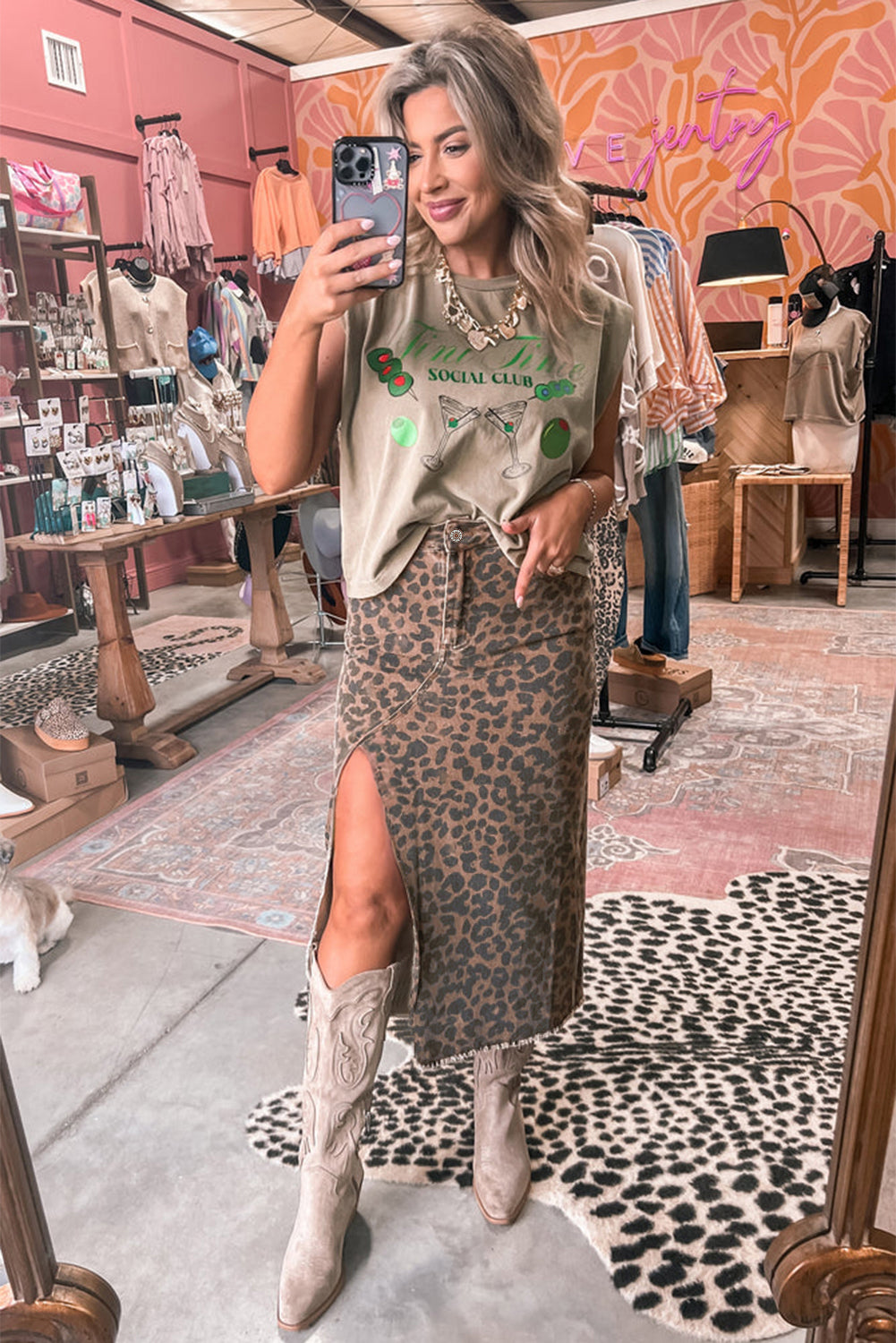 Brown Leopard Denim Frayed Split Denim Midi Skirt