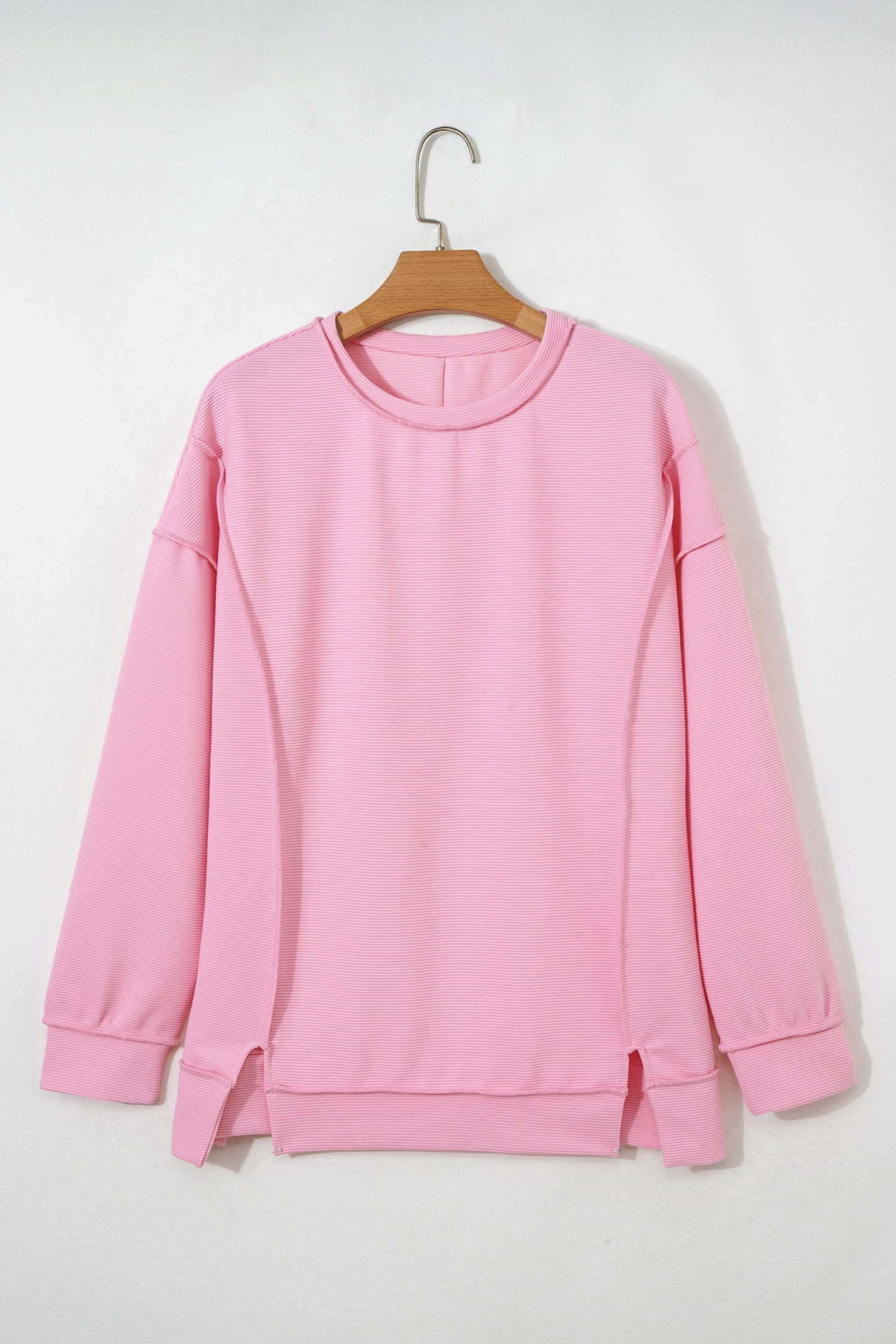 Pink Horizontal Ribbed Exposed Seam Detail Drop Shoulder Baggy Pullover