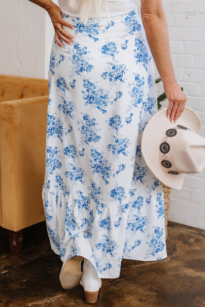 Black Boho Floral High Waist Ruffle Split Maxi Skirt