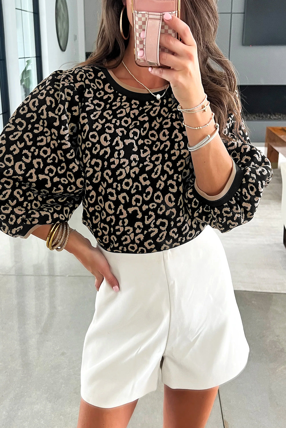 Black Leopard Contrast Trim Bracelet Sleeve Top