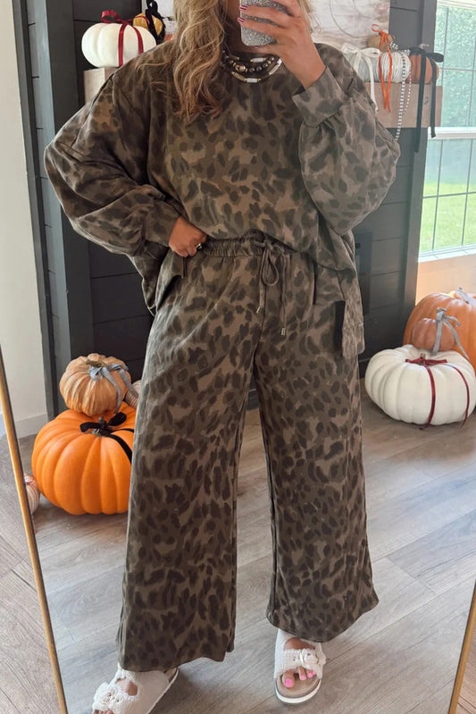 Brown Leopard Print Raw Seam Patchwork Pullover Drawstring Loose Pant Set