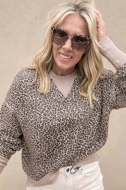 Khaki Leopard Print Patchwork Crew Neck Sweatshirt