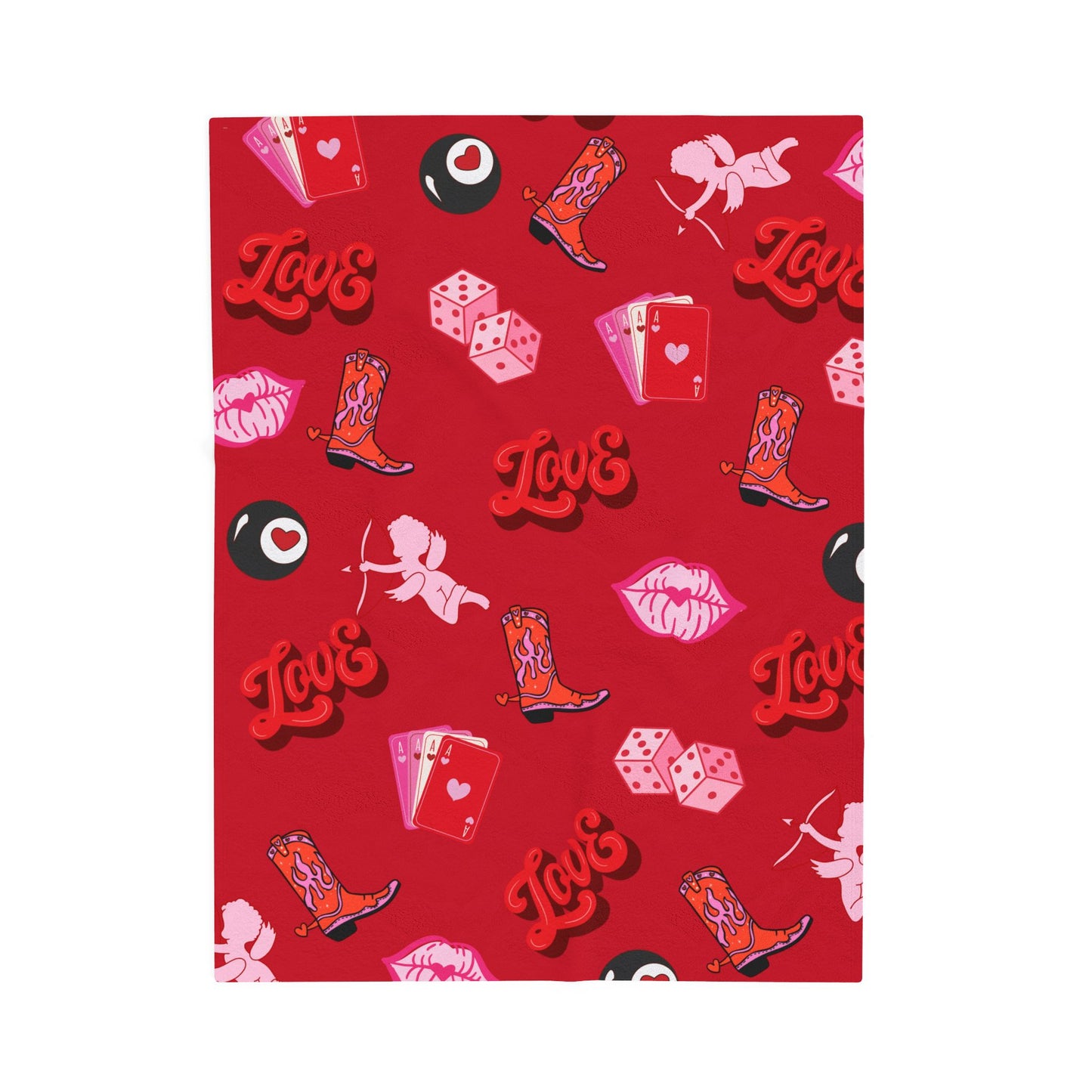 Valentine's Cowgirl Love Plush Blanket — Cupid, Cards & 8-Ball Design