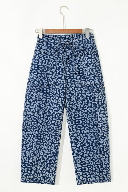 Khaki Leopard Printed Drawstring Elastic Waistband Pocketed Wide Leg Jeans
