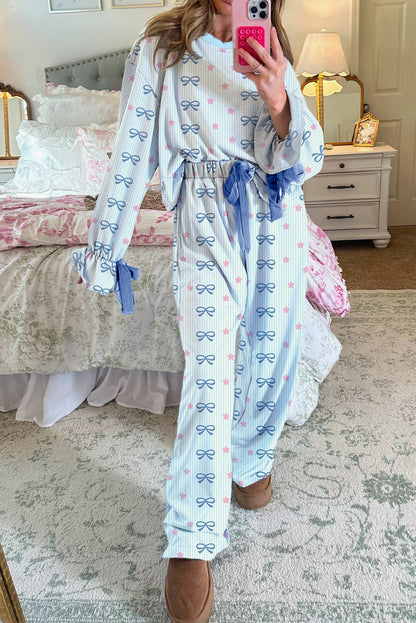 Sky Blue Stripe Bow Star Print Tied Detail 2pcs Lounge Set