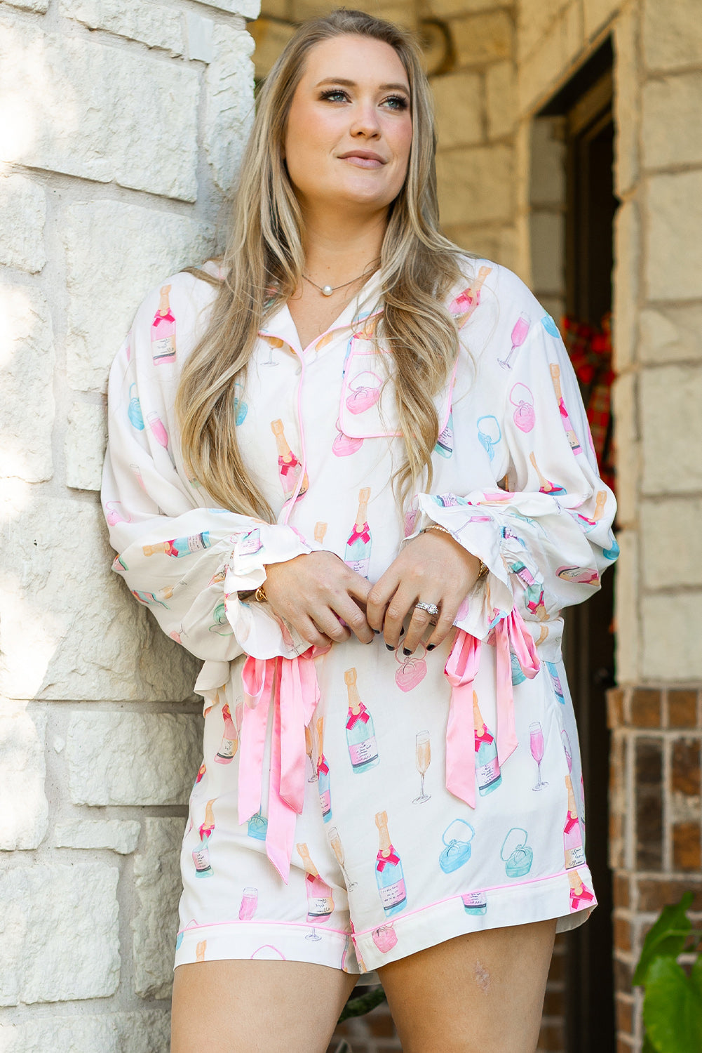 White Wine Glass Print Ribbon Bow Decor Plus Size Pajama Set