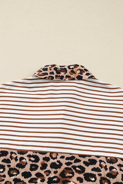 Brown Stripe Contrast Leopard Patchwork Long Shirt Dress with Slits