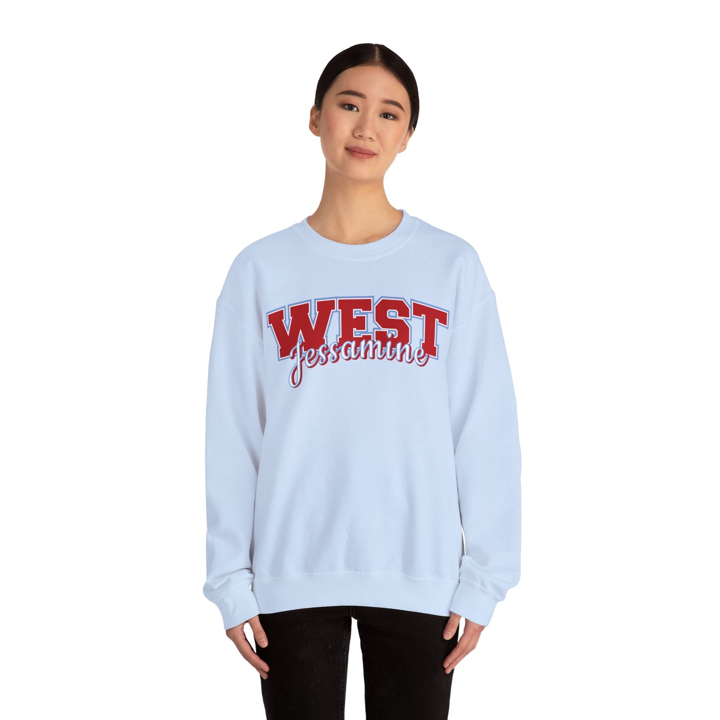 West Jessamine Cheer Crewneck Sweatshirt — Back ‘West Jessamine Cheer’ with Horse Logo - Unisex