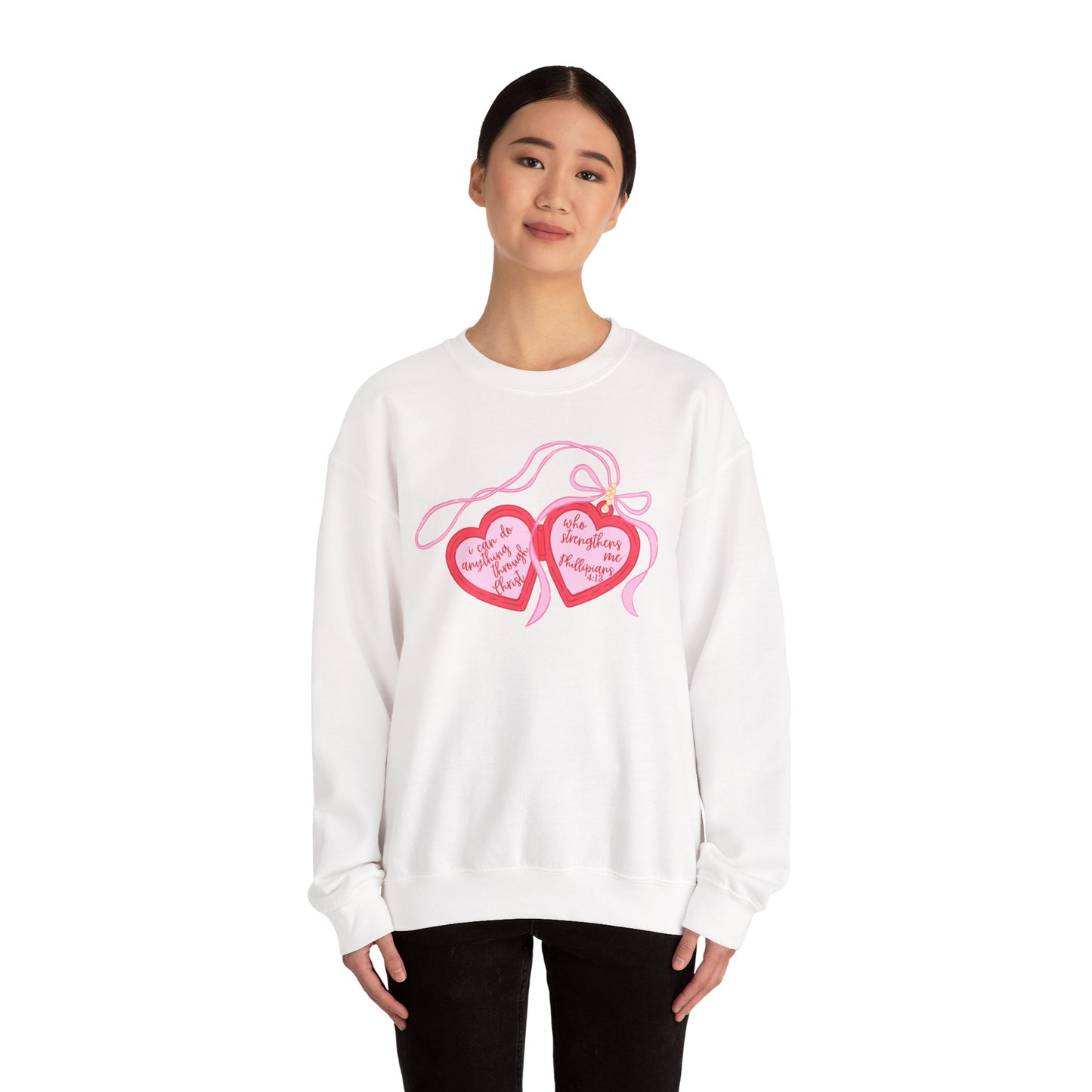 Faith Crewneck Sweatshirt — "I Can Do All Things Through Christ" Pink Heart Locket