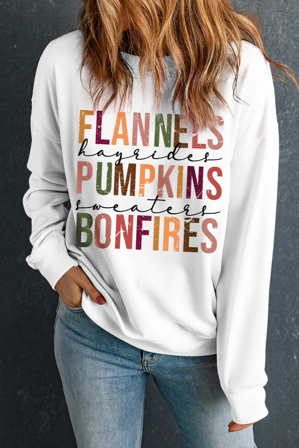 Fall Letter Graphic Round Neck Long Sleeve Sweatshirt
