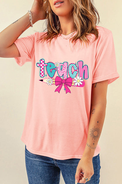 Pink Retro Checkered teach and Bow Pencil Heat Transfer Printing Graphic T Shirt