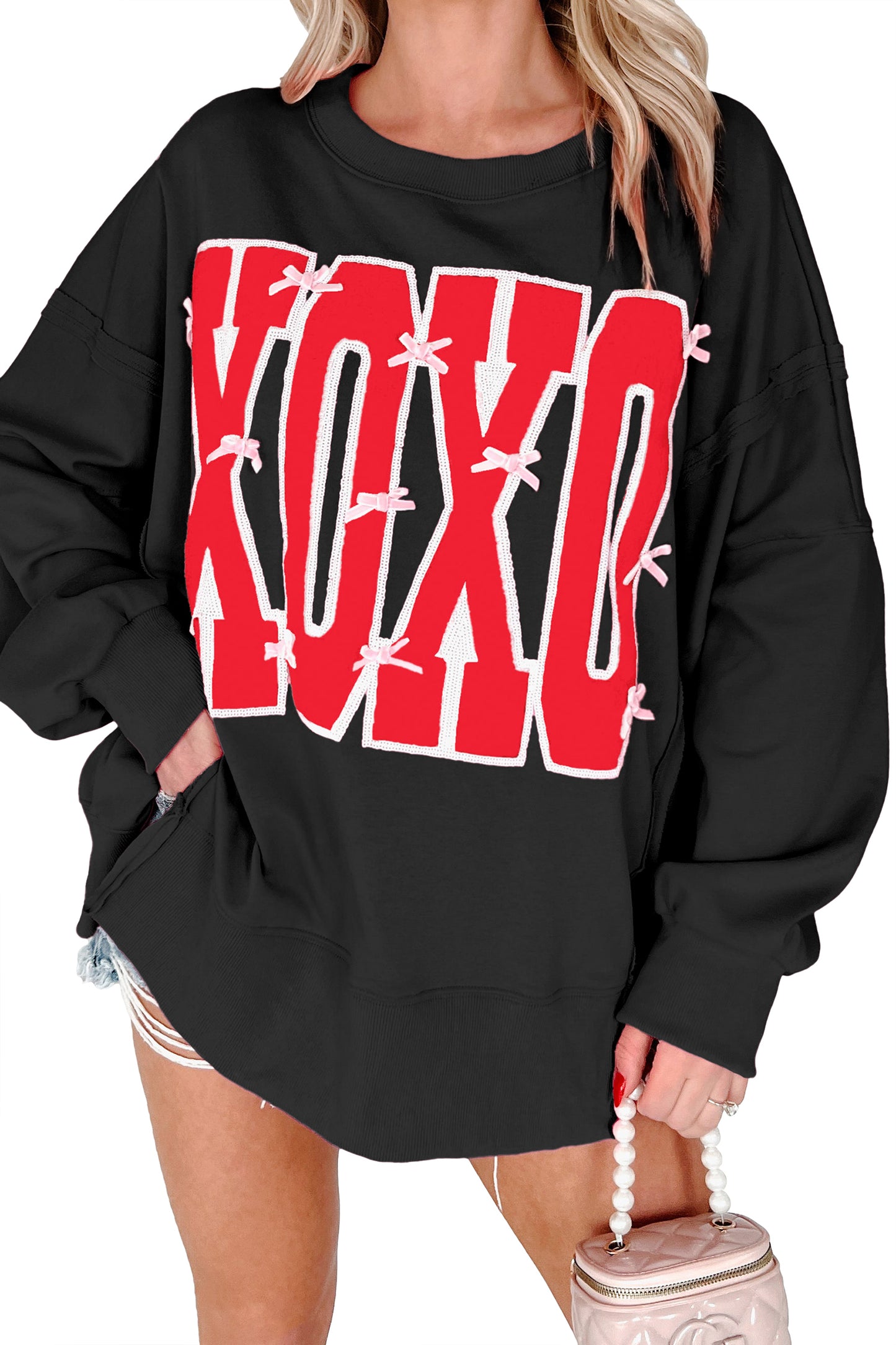 Black Bow Sequin XOXO Letter Graphic Exposed Seam Baggy Sweatshirt