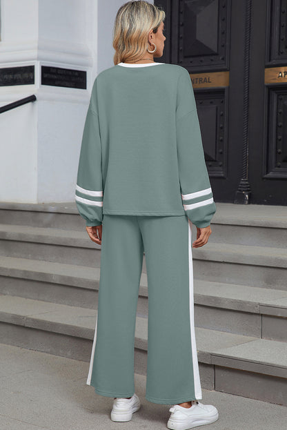 Chestnut Varsity Stripe Patchwork Puff Sleeve Pullover Drawstring Wide Leg Pant Set