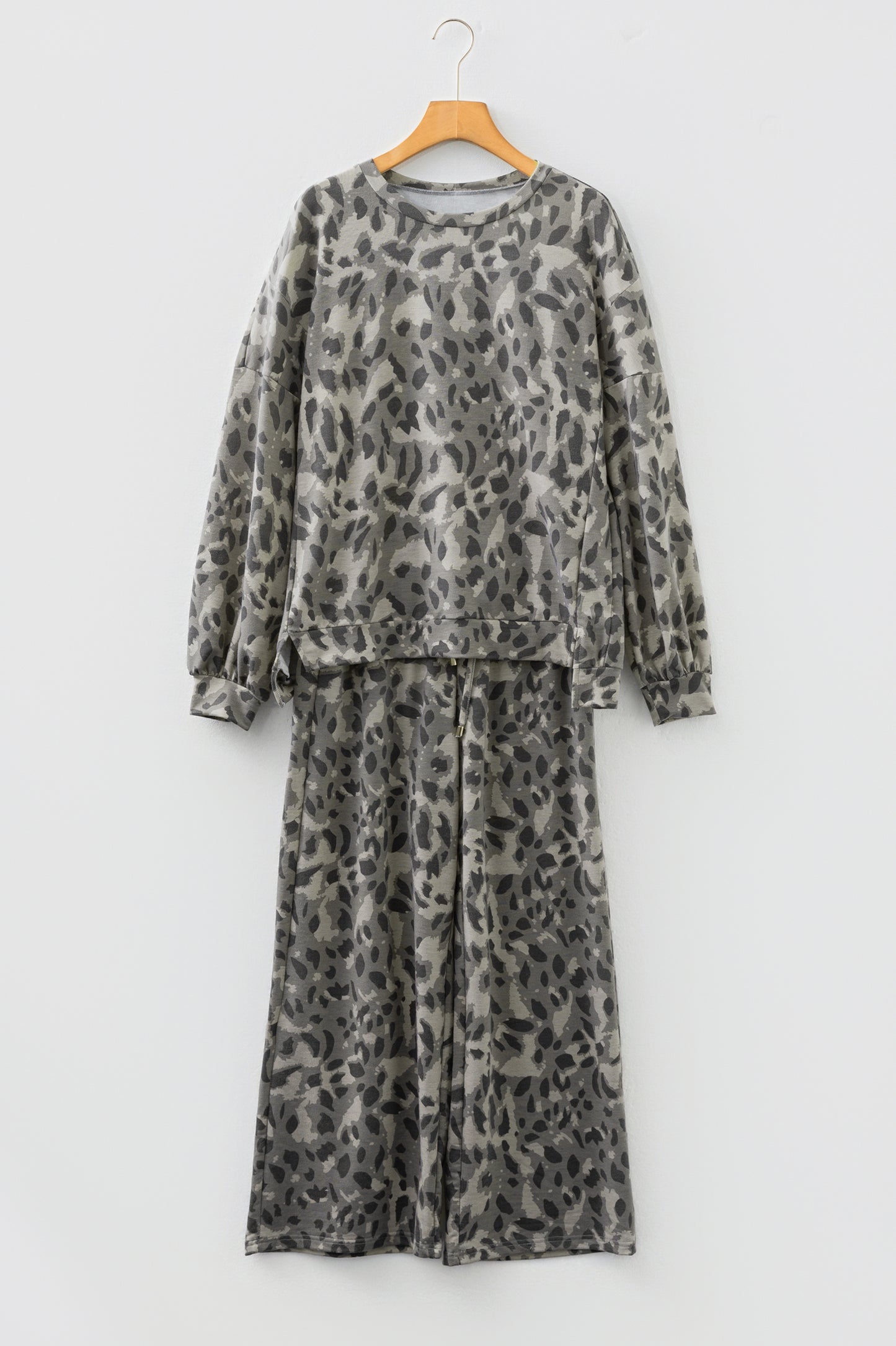 Brown Leopard Print Raw Seam Patchwork Pullover Drawstring Loose Pant Set