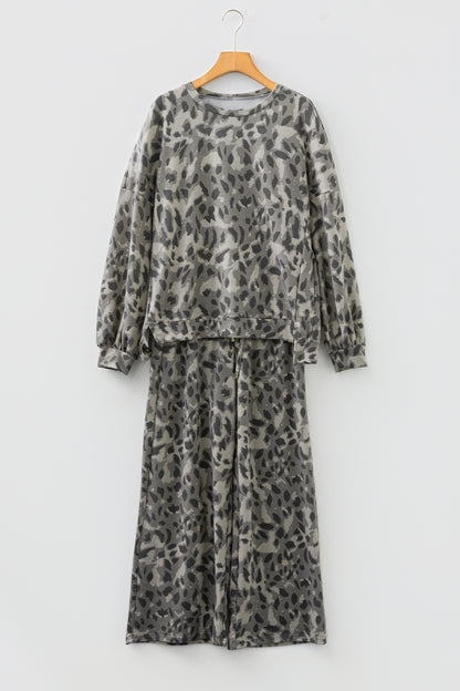 Brown Leopard Print Raw Seam Patchwork Pullover Drawstring Loose Pant Set