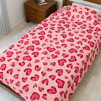 Velveteen Plush Blanket — Pink Heart Cheetah Print Cozy Throw