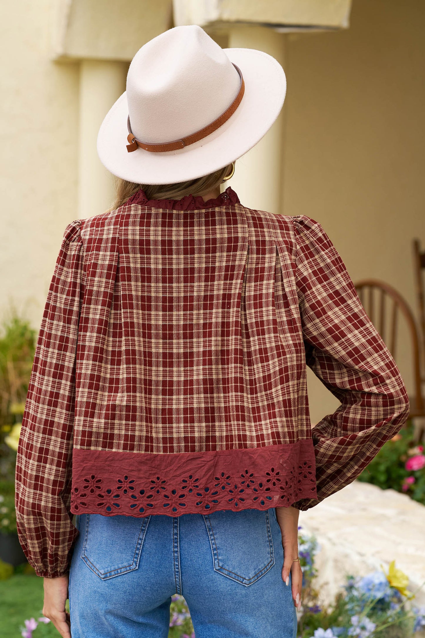 Red Dahlia Plaid Lace Hem Button Down Shirt