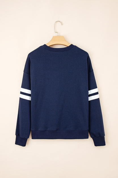 Navy Blue Varsity Striped Detail Drop Shoulder Oversized Sweatshirt