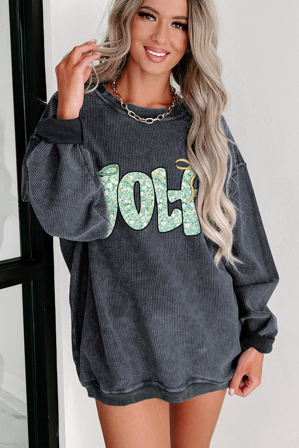 Gray Twisted Ribbed Floral GOLF Letter Bow Heat Transfer Printing Sweatshirt