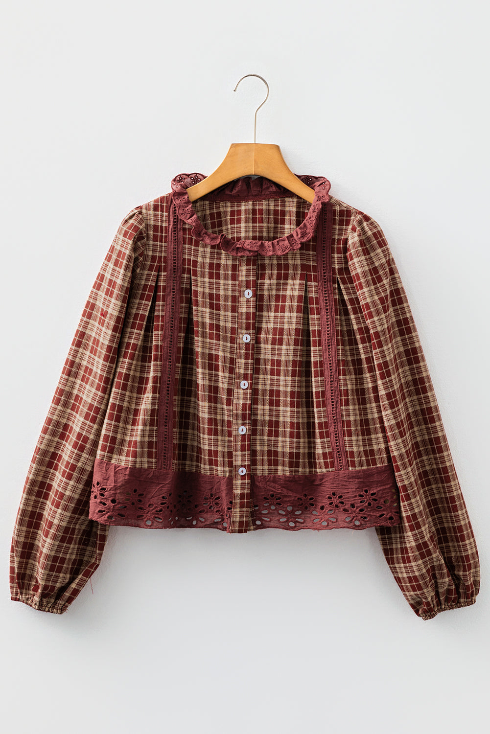 Red Dahlia Plaid Lace Hem Button Down Shirt